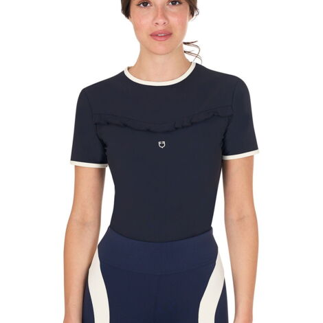 T-shirt training da donna slim fit in tessuto tecnico con ruches sul petto e dettagli a contrasto: S, Blu e Bianco