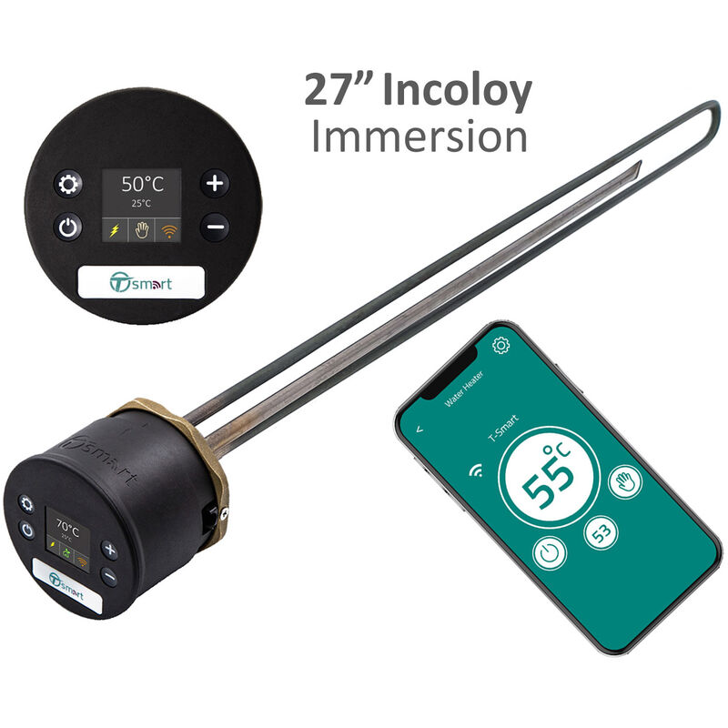 Image of T-Smart Tesla Vertical Top Entry 27 Incoloy Cylinder Immersion Heater & Smart Thermostat TIHTS650