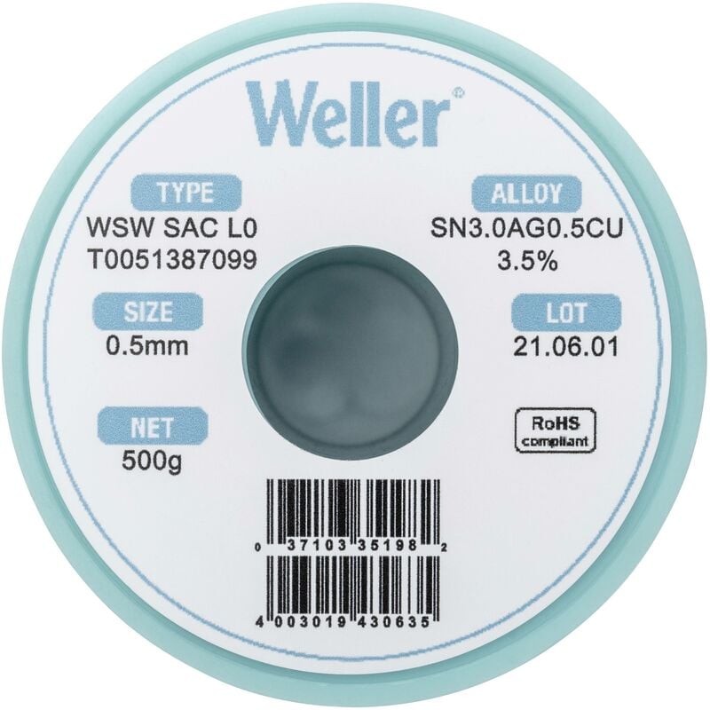 Weller - tain à souder sans plomb Sn3,0Ag0,5Cu 0.5 mm wsw sac L0 bobine 500 g W38150