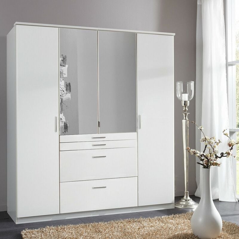 T12619 AACHEN Weiß Kleiderschrank Drehtüren mit Spiegel und Schubladen ca. 180 cm-'SW14468'