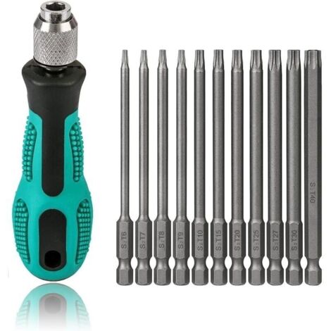 T6-T40 Tournevis Torx 11 pices 100 mm de long Jeu de bits magntiques Torx avec T30 et poigne, tige hexagonale 1/4 pouce Outils lectriques pour visseuse sans fil T20 T25 Tournevis