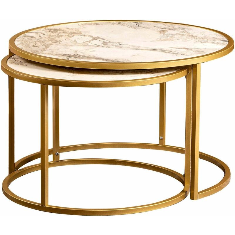 tables gigognes en métal plateau imitation marbre tambur (lot de 2) - doré