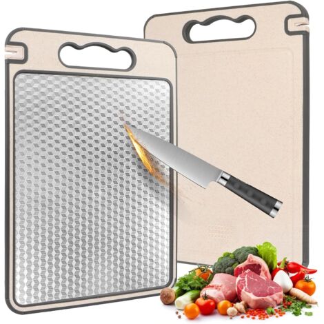 Tabla de cortar de acero inoxidable, tabla de cortar de doble cara, acero inoxidable resistente, diseño de malla resistente a los arañazos, procesamiento separado de verduras y carne.