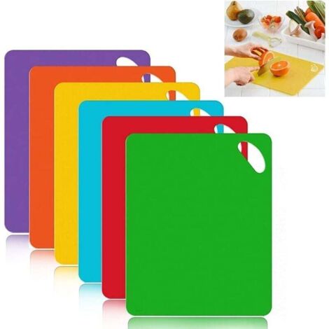 Tabla de cortar de plástico, antideslizante, con símbolos de alimentos y asas, antibacteriana y sin BPA para pescado, verduras y carne (6 unidades)