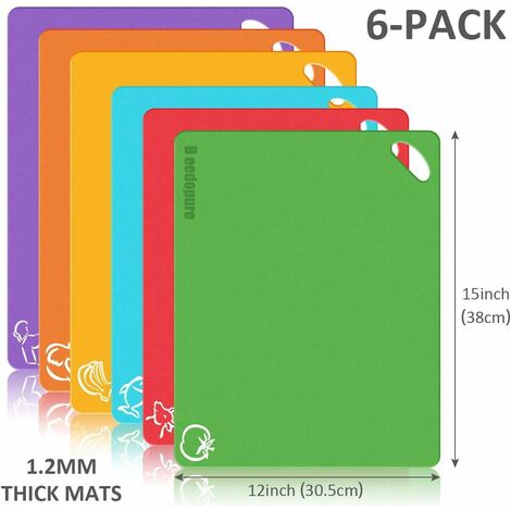 Tabla De Cortar MINKUROW, Juego De Tablas De Cortar Extra Gruesas De Plástico Flexible, Alfombrilla Con Símbolos De Alimentos Y Asas Prácticas (Paquete De 6)