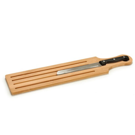 Tabla de cortar pan de acero y bambú natural, con ranura exclusiva para cuchillos, 49,5 × 10,5 × 2 cm