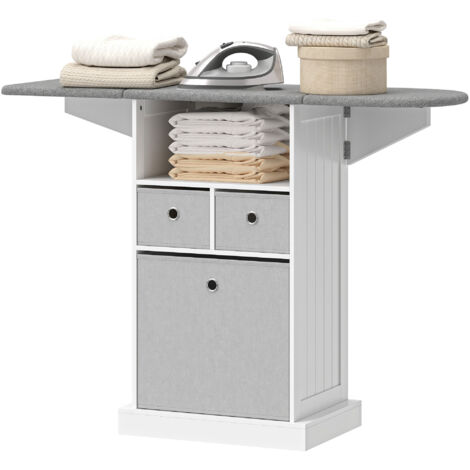 Tabla de planchar con ruedas, superficie de planchado plegable, 3 cajones de tela, 121 x 37 x 89,5 cm, blanca
