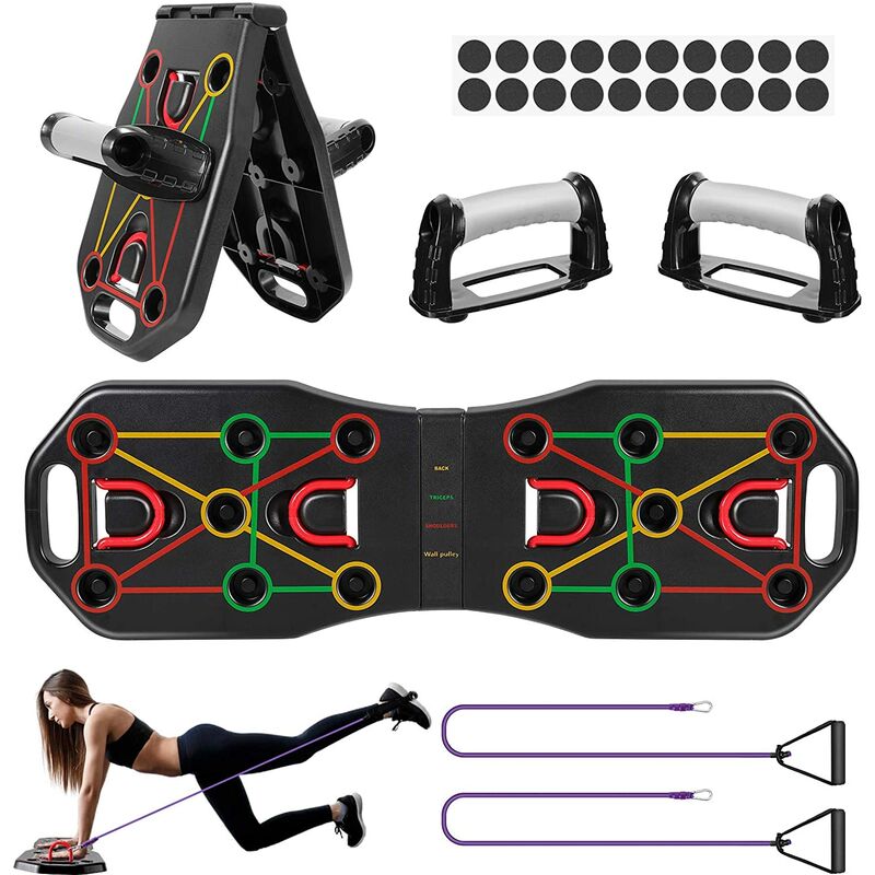 

Tabla Push Up, 9 en 1 Tabla de levantamiento de pesas multifuncional plegable Tabla de soporte Push Up con bandas de resistencia y asas para hombres,