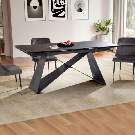 Table 180-260 cm en céramique effet marbre noir pied métal - BLUNSKI