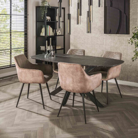 Table 180 cm effet marbre noir + 4 fauteuils en velours côtelé sable
