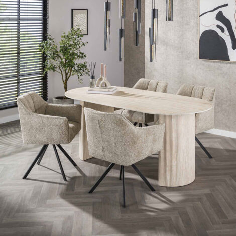 Table 180 cm en céramique beige + 4 fauteuils en tissu bouclette sable
