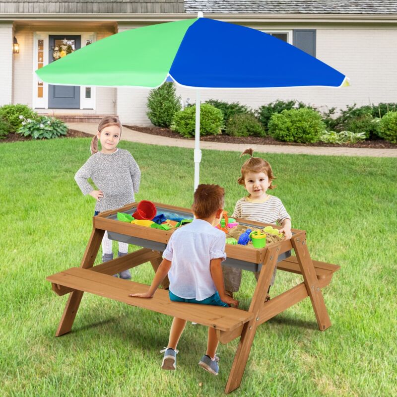 Maisonchic - Table 2 Bancs 3 en 1 pour 4 Enfants avec Parasol et Boîtes Sable Eau Marron CWXT3508 design in