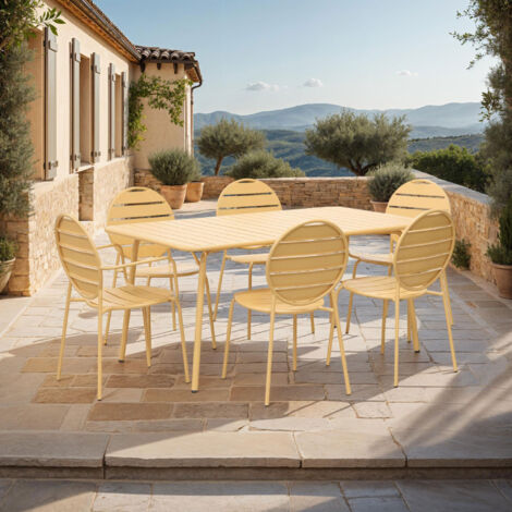 Table + 4 chaises + 2 fauteuils ronds en métal moutarde - BACA