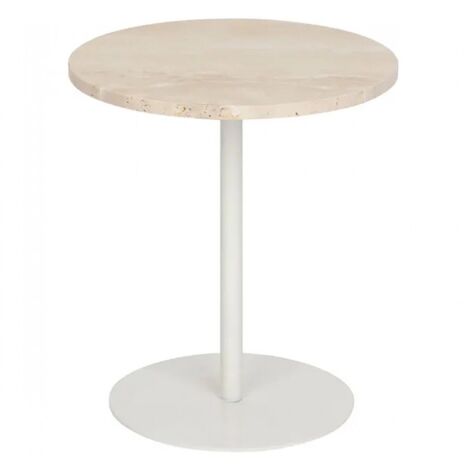 Table à café Table d'appoint ronde en travertin et métal blanc - Diamètre 40 x Hauteur 45 cm