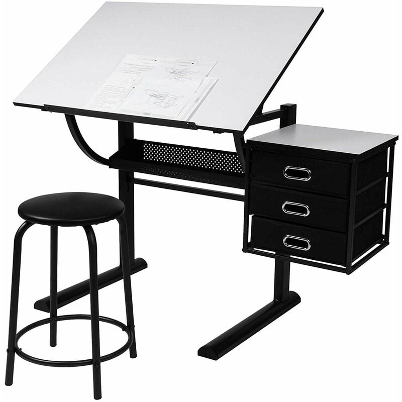 Table à dessin et tabouret avec plateau inclinable et commode avec 3 tiroirs Architectes Ingénierie Techniciens