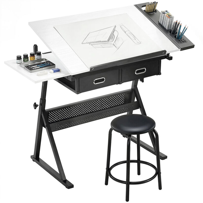 Table à dessin - HOMCOM - avec tabouret et 2 tiroirs - hauteur réglable, plateau inclinable 0° à 60° - MDF - 120x60x68-92cm - blanc