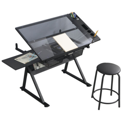 Table à Dessin Inclinable - Bureau d'Architecte - Table de Travail en Verre Trempé avec Tabouret - 98 x 60 cm - Noir