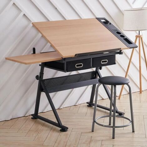 Table à dessin inclinable reglable 2 tiroirs avec tabouret noir