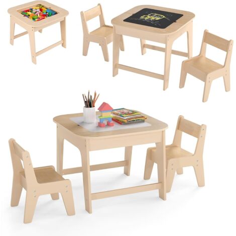 Table à dessin pour enfants avec 2 chaises, tableau double face, table d'activités en bois 60x60x49 cm avec espace de rangement dissimulé, garçon/fille 3-6 ans (naturel)