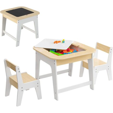Table à dessin pour enfants avec 2 chaises, tableau double face, table d'activités en bois 60x60x49 cm avec espace de rangement dissimulé, garçon/fille 3-6 ans (naturel)