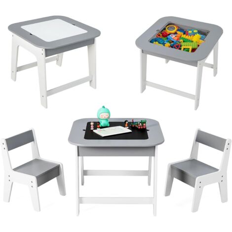 Table à dessin pour enfants avec 2 chaises, tableau double face, table d'activités en bois 60x60x49 cm avec espace de rangement dissimulé, garçon/fille 3-6 ans (naturel)