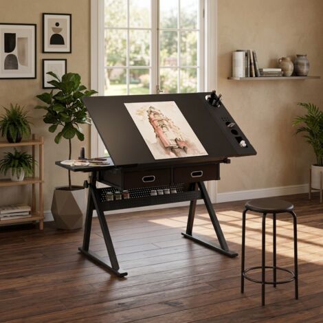 Table à dessin réglable 69-91 cm avec plateau inclinable 0-75°, 2 tiroirs et tabouret, MDF métal noir