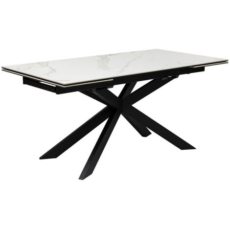 Table à dîner, table de repas extensible en métal et verre céramique effet blanc - Longueur 160-240 x Profondeur 90 x Hauteur 76 cm