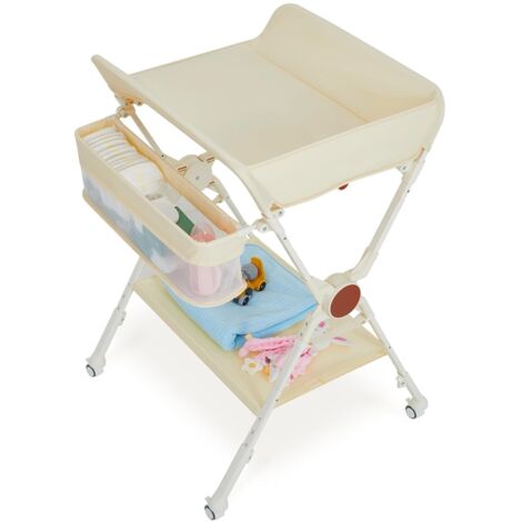 Table à langer bébé avec roulettes – pliable, hauteur réglable, avec rangements & barre à vêtements – Pour nouveau‑nés et tout‑petits – Beige