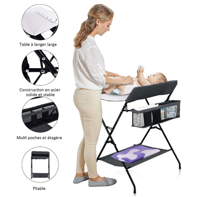 table à langer bébé pliante avec panier de rangement à côté structure en fer charge max 25kg pour nouveaux-nés gris