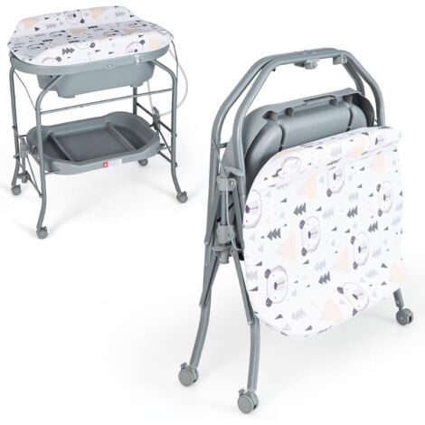 Table à langer et baignoire bébé pliables 2 en 1, unité de change avec panier de rangement, roulettes universelles, capacité de poids 35 kg, 0-12 mois (blanc)