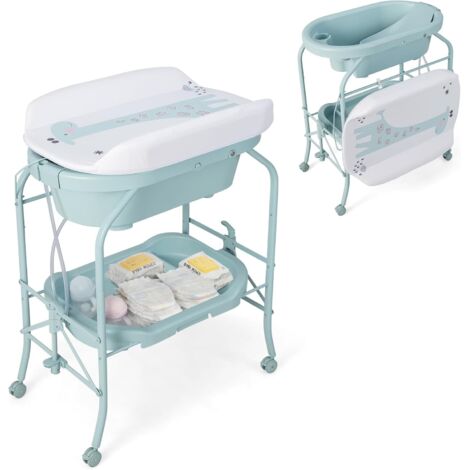 Table à langer et baignoire bébé pliables 2 en 1, unité de change avec panier de rangement, roulettes universelles, capacité de poids 35 kg, 0-12 mois (blanc)