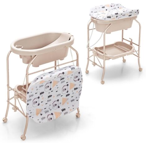 Table à langer et baignoire bébé pliables 2 en 1, unité de change avec panier de rangement, roulettes universelles, capacité de poids 35 kg, 0-12 mois (blanc)