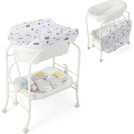 Table à langer et baignoire bébé pliables 2 en 1, unité de change avec panier de rangement, roulettes universelles, capacité de poids 35 kg, 0-12 mois (blanc)