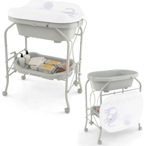 Table à langer et baignoire bébé pliables 2 en 1, unité de change avec panier de rangement, roulettes universelles, capacité de poids 35 kg, 0-12 mois (blanc)