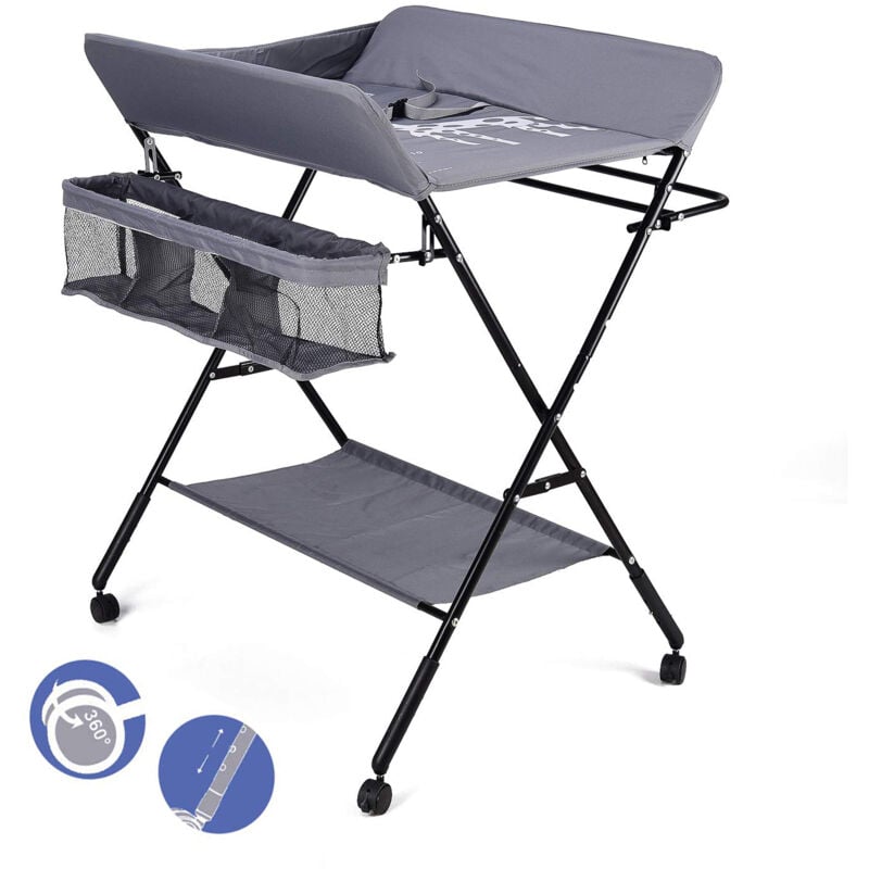 table à langer pliable pour bébé avec roulettes, sac de rangement - hauteur réglable -gris