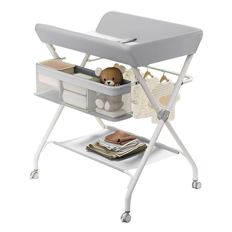 Table à langer pliable pour bébé, Étagère à langer Combinaison à langer Réglable en hauteur avec panier de rangement,Roue Verrouillable,Gris