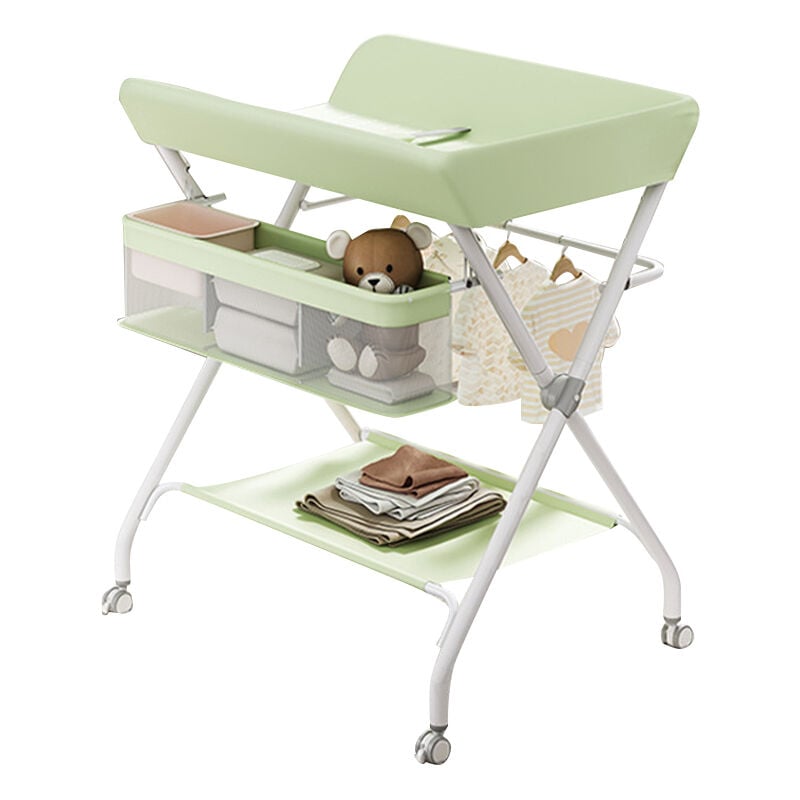 Table à langer pliable pour bébé, Étagère à langer Combinaison à langer Réglable en hauteur avec panier de rangement,Roue Verrouillable,VERT
