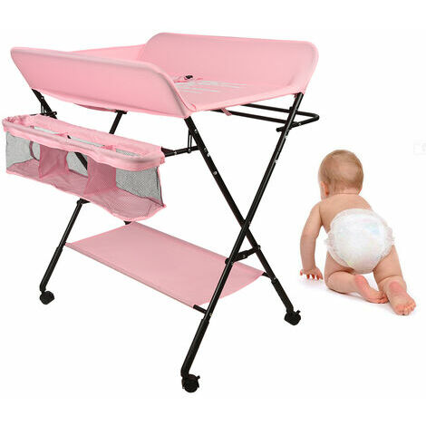 ® Table à Langer Pliante avec Panier de Rangement à Côté Structure en Fer Charge Max 25KG pour Nouveaux-Nés Design Ergonomique (Rose)