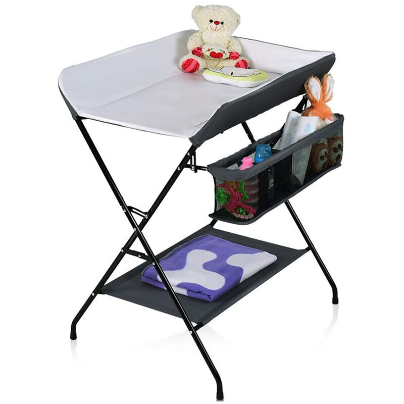 Yongqing - Table à Langer Pliante avec Panier de Rangement pour Nouveaux-Nés Chambre Bébé - Gris-blanc - Gris-blanc