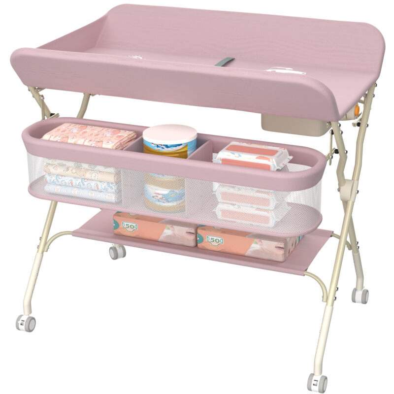 Table à Langer Pliante avec Panier de Rangement, Tables à langer avec 4 roulettes, Hauteur réglable, 75x68x83-91cm, rose