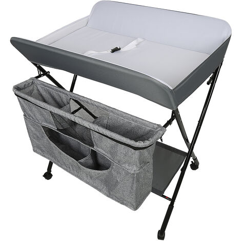 Table à Langer Pliante pour Bébés Jusqu'à 11KG Hauteur Réglable avec Rouleaux, Espace de Rangement et Panier, Gris