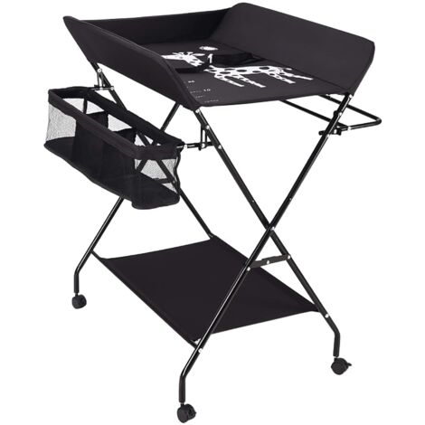 Table à langer Pliante pour naissance de bébé avec Panier de Rangement à Côté Structure en Fer Charge Max 25KG amovible et pliable pour le rangement facile à utiliser de 0 à 12 mois (Avec roues, Noir)