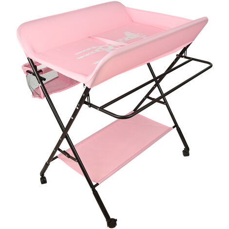 Table à langer pliante, table à langer avec panier de rangement, ceinture de sécurité et 4 roues avec frein, réglable en hauteur 80*66*98cm (rose)