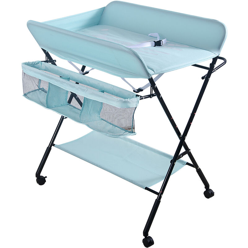 Table à Langer Pliable pour Bébé Avec roulettes, Station à Langer Portable pour Bébé Hauteur Réglable avec Sangle de Sécurité et Paniers de Rangement