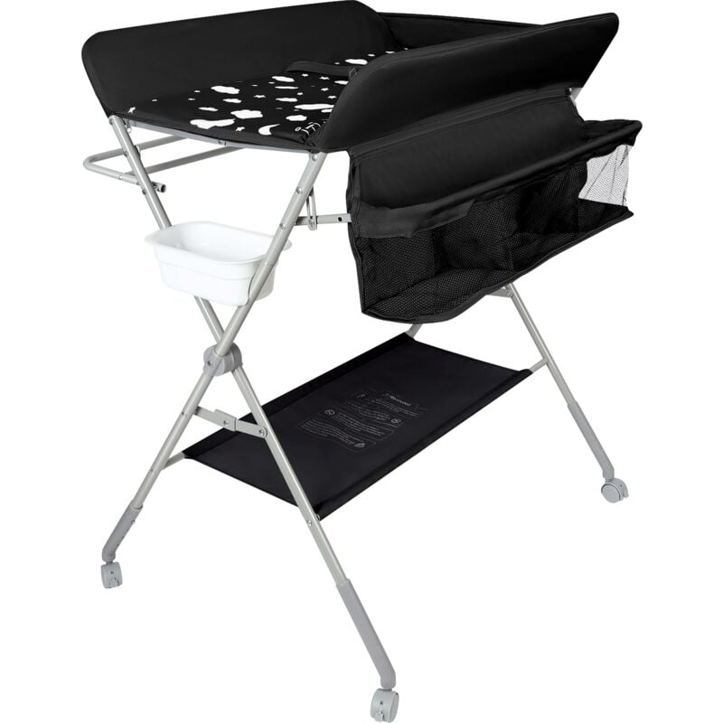 Table à langer pour bébé avec roues, station à langer pliante portable à hauteur réglable avec panier de rangement pour nouveau-né et nourrisson Noir