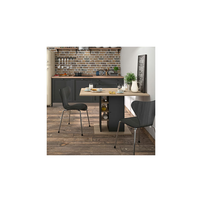 Table à manger 120 cm avec rangements décor chêne clair et noir