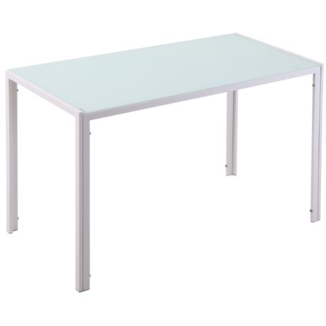 Table à Manger 120x60x75 Cm En Verre Trempé Blanc, Piétement Métal, Design Contemporain
