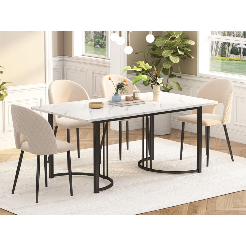 Modernluxe - Table à manger 140x80cm avec pieds réglables - structure en métal - placage à motif marbre - Blanc & Noir