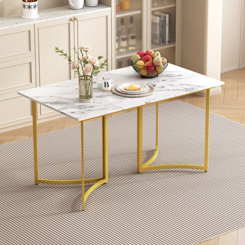 Fortuna Lai - Table à manger 140x80x75.5cm - table rectangulaire aspect marbre et pieds de table courbés, pieds réglables - doré