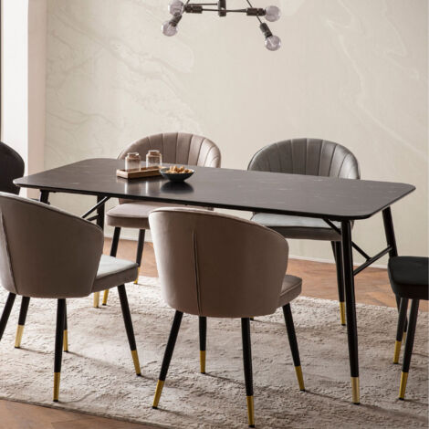Table à manger 140x80x76 cm effet marbre noir et pieds métal - TRAZI
